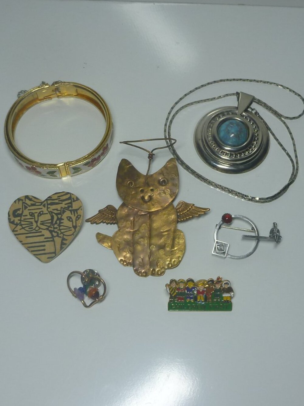 Vintage Costume Jewelry Lot - Laurel Burch Cat Pin, Cloisonné Bangle, and More